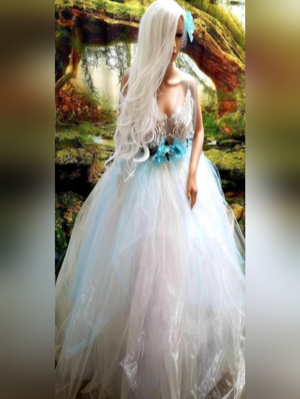 RACHEL Pale Ocean Blue Ivory Organza Wedding Gown - Picture 1 of 11